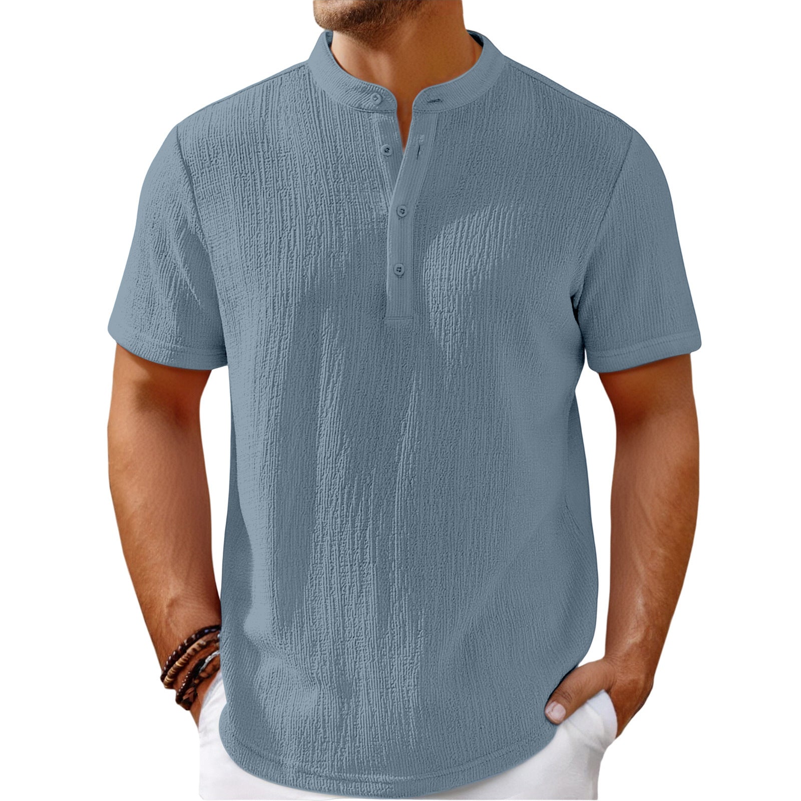 Mens Retro Cotton Linen Striped Henley Shirt